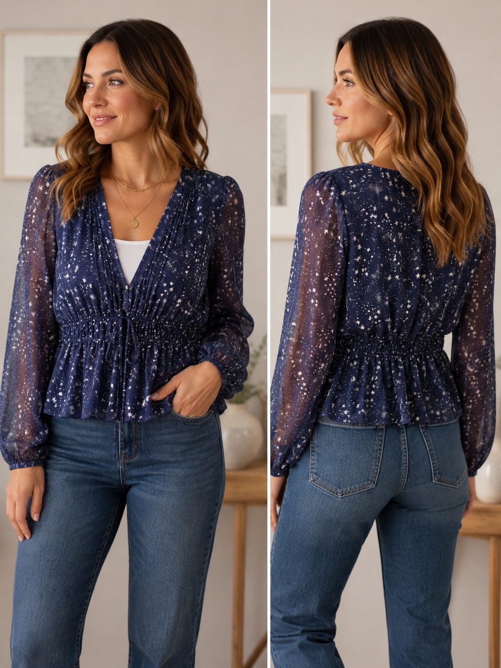 Madison &‎ Berkeley Star print sheer peplum blouse size Large